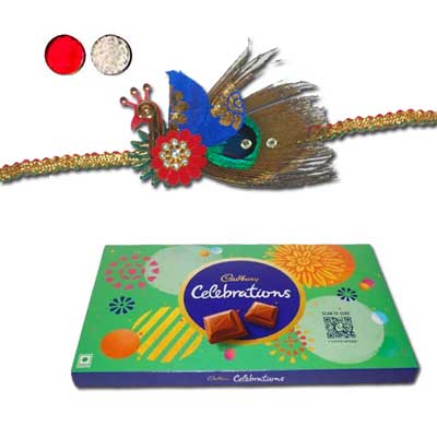 "Designer Fancy Rudraksha Rakhi - FR-8520 A- (Single Rakhi) Cadbury Celebrations Chocolates - Weight 170 gms - Click here to View more details about this Product